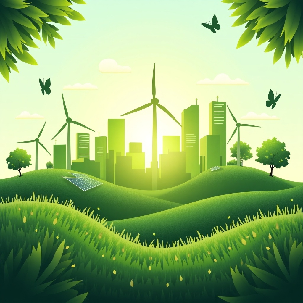 Creative eco-themed poster for World Energy Conservation Day with vibrant ecosystem of green grass and trees. Wind turbines symbolize renewable energy. Modern cityscape in background has green buildings and solar panels. Butterflies and greenery emphasize harmony with nature. Design features glowing effects, soft gradients, and eco-friendly green tones.