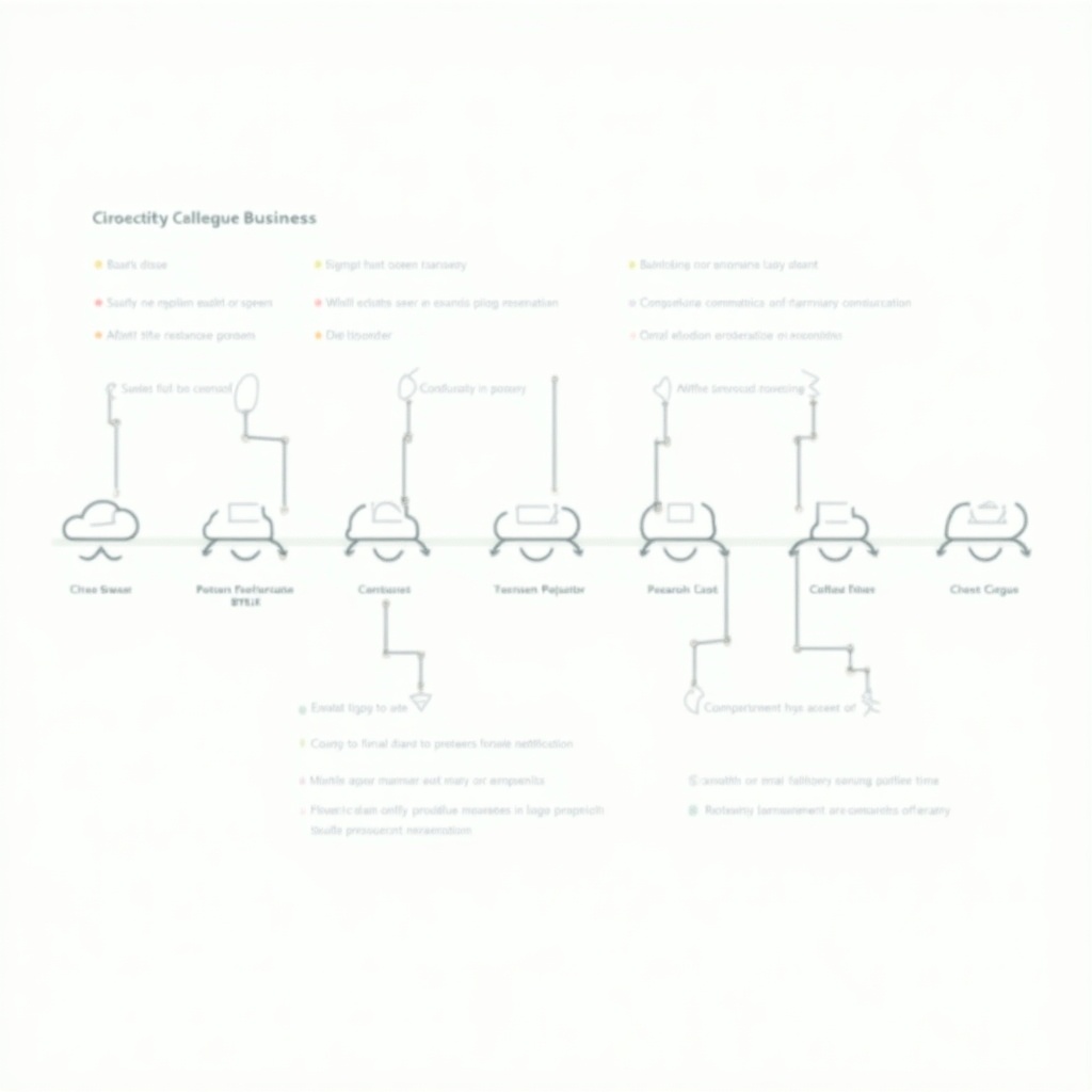 This infographic presents a timeline highlighting various milestones in business processes and strategy development. It uses a minimalist design with a light gray and green color palette, making the information easy to read and comprehend. Each milestone is connected by clear lines, illustrating the flow of activities in a business context. This structured approach aids viewers in understanding complex business strategies. Ideal for educational and professional settings where clear visual representation of processes is essential.