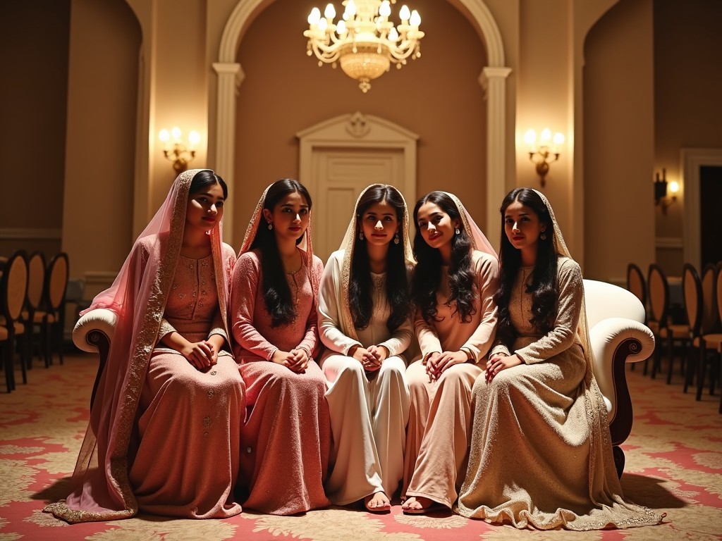 This image features five women dressed in elegant traditional attire, seated together on a plush sofa. They are captured in a warm, softly lit environment that conveys a sense of grace and serenity. The women are arranged symmetrically, each wearing different shades of pastel, which enhances the aesthetic appeal. Their expressions are calm and inviting, suggesting a cultural or celebratory context. The background compliments their dresses, creating a harmonious visual balance. This setting could be ideal for a fashion shoot or a cultural event.