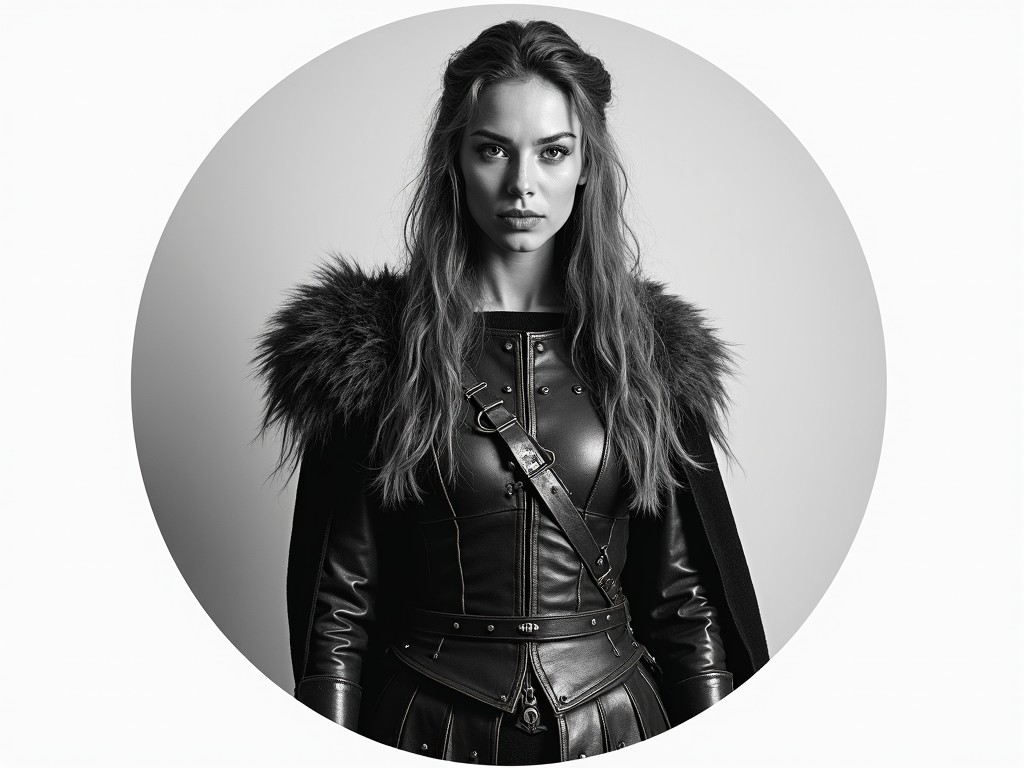 This black and white portrait features a woman dressed in a leather outfit with a fur epaulet, exuding a strong and fierce presence. Her attire is medieval-inspired, suggesting she is a warrior or a character from a fantasy setting. The circle framing her adds a unique touch, focusing attention on her intense expression and detailed costume.