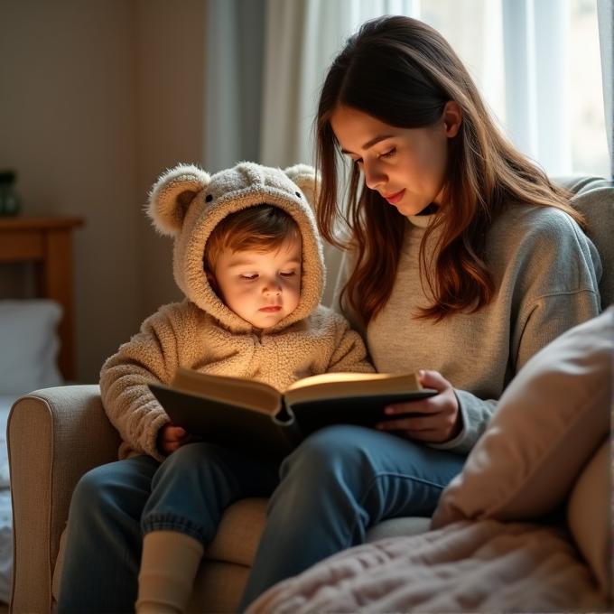 A woman and a child in a bear hoodie are sitting on a couch reading a book together.