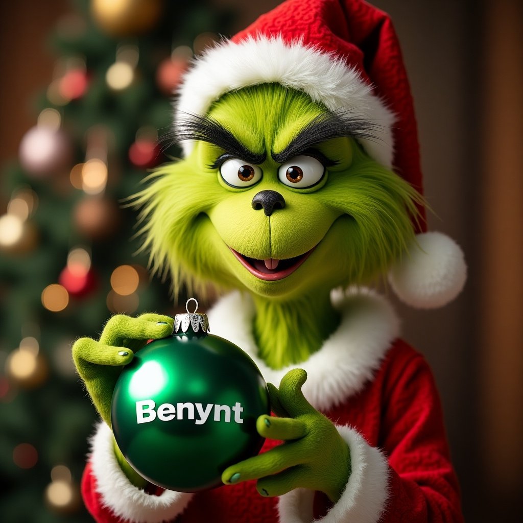 The Grinch holds a green Christmas ornament. The name Bennett is on the ornament. The Grinch wears a Santa hat. A Christmas tree is in the background.