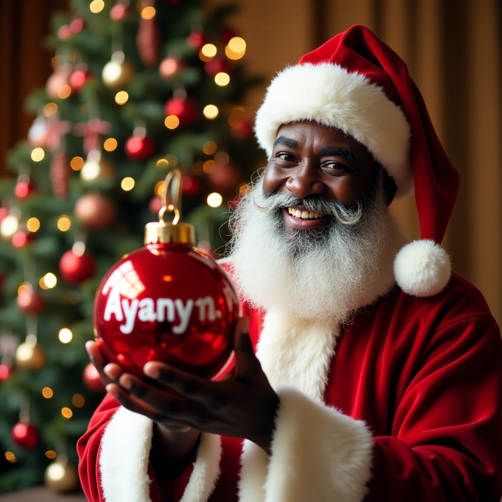 Christmas scene with Santa Claus holding a red ornament, Santa appears joyful with a broad smile, dressed in red and white attire, The ornament features the name 'Ayanna', A beautifully decorated Christmas tree with lights and ornaments is in the background, The setting is warm and festive, evoking holiday joy.