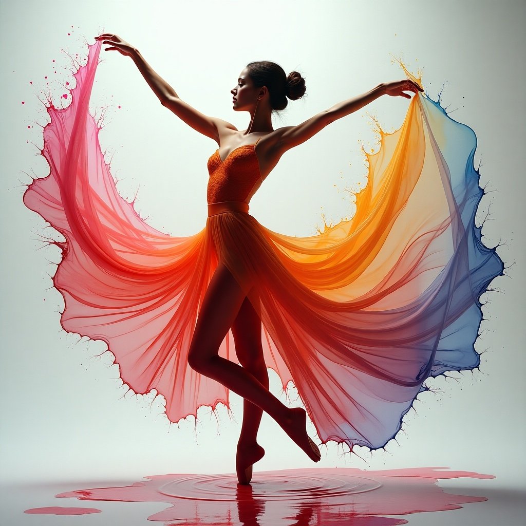 Ultra-realistic photograph of a graceful dancer surrounded by colorful oil paints. Dancer is in a dynamic pose showcasing a translucent dress. Layers of paint flow around the dancer. The composition reflects beauty and elegance, highlighting the art of dance.