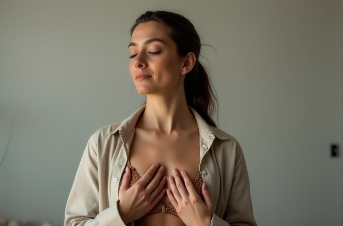 A person with closed eyes stands in a peaceful pose, wearing a light shirt and undergarment, with hands placed gently on the chest.