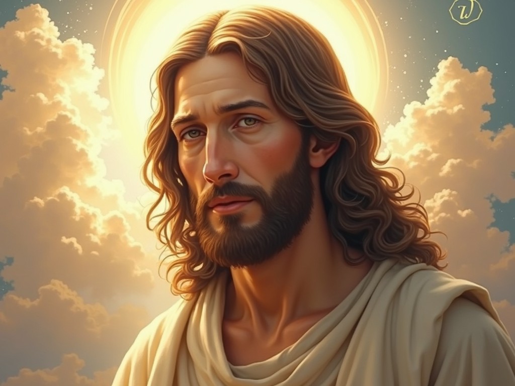 The image is a digital artwork depicting a serene figure reminiscent of traditional representations of divine beings. The person has long, wavy hair and a beard, with an expression of calmness and wisdom. A soft, golden halo encircles the head, set against a backdrop of fluffy white clouds, suggesting a heavenly or spiritual theme.