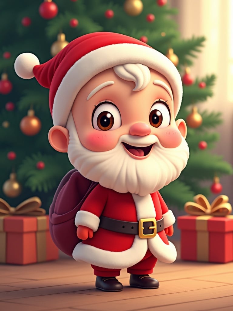 Cartoon of baby Santa Claus in festive setting. Background features decorated Christmas tree with presents. Character displays cheerful expression and traditional Santa attire.