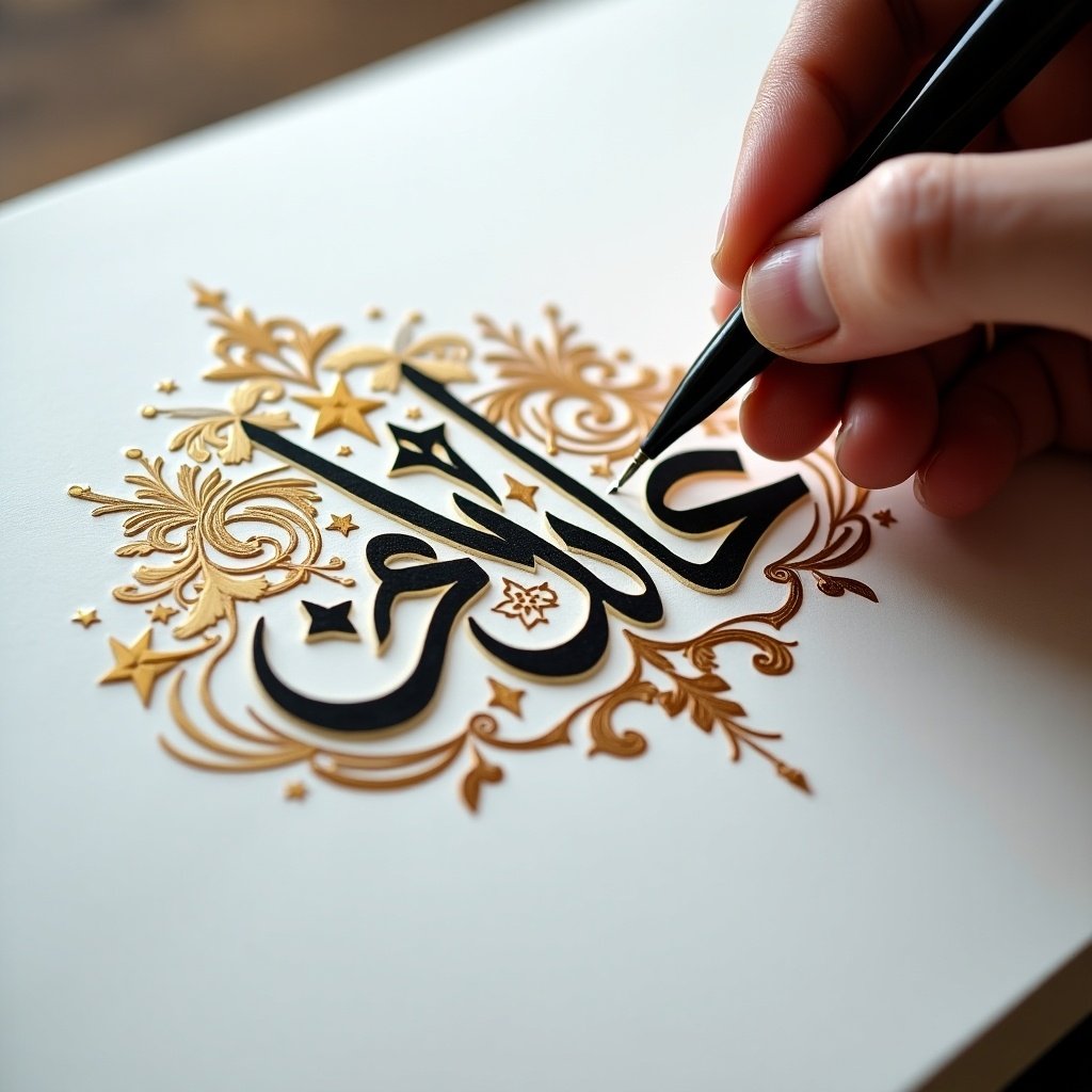 Close-up view of hand using pen to write Arabic calligraphy. Bold black ink on white paper. Hand is steady and focused on letters. Designs surround the main calligraphy. Soft lighting enhances the strokes. Ornate Arabic calligraphy with the word 'اليوم العالمي للغة العربية'. Intricate three-dimensional golden design against a textured background. Adorned with decorative elements such as stars and floral motifs.