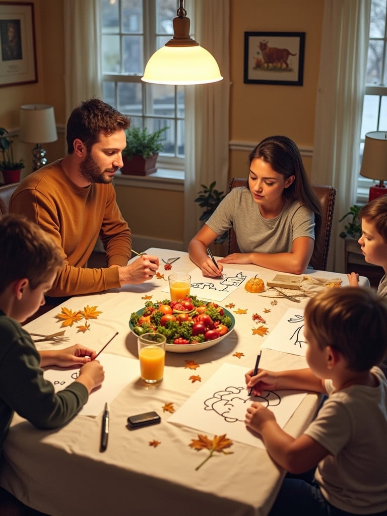 A montage of families sharing what they are grateful for at a dining table. A dad writes Green Bay Packers. A mom writes family. A kid doodles a picture of their dog. Autumn themed decor with leaves on the table. Children and adult engaged in sharing thoughts.