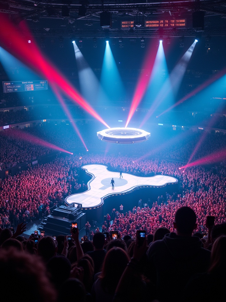 Crowd attends Travis Scott concert in Madison Square Garden. Stage is designed as a 360-degree performance space. Aerial drone view captures the event atmosphere. Bright lights and intense energy surround the artist.