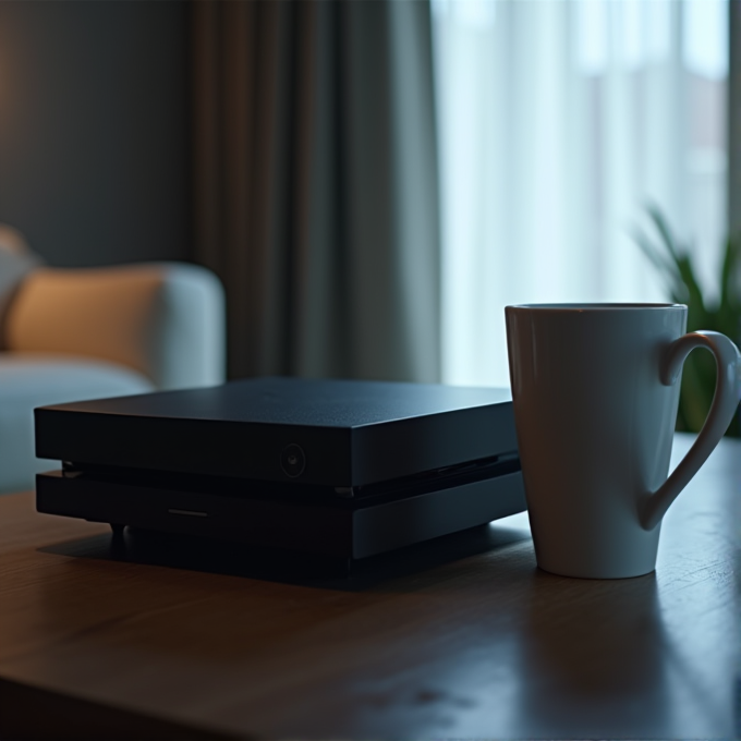 A sleek gaming console sits beside a white mug on a wooden coffee table in a warmly lit living room.