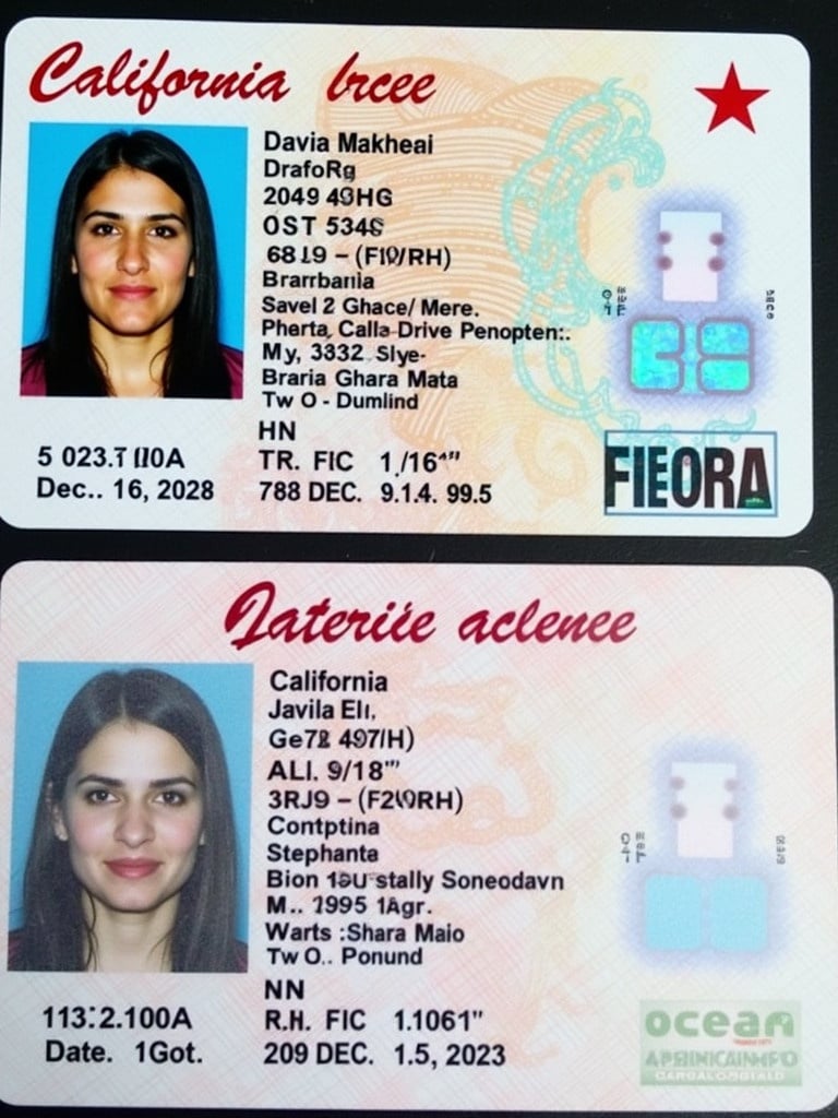 California driver license shows personal ID details and physical characteristics. Includes name, address, date of birth, gender, height, and weight. Displays security features like holograms. Valid until October 16, 2028; issued on December 15, 2023. Standard layout for US driver licenses.