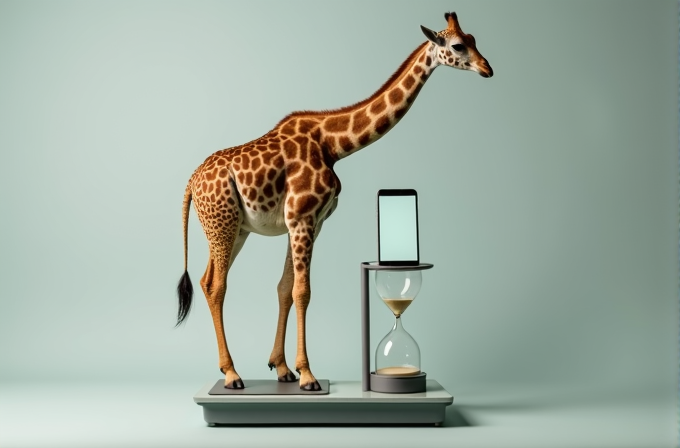 A giraffe stands on a platform next to an hourglass and a phone.