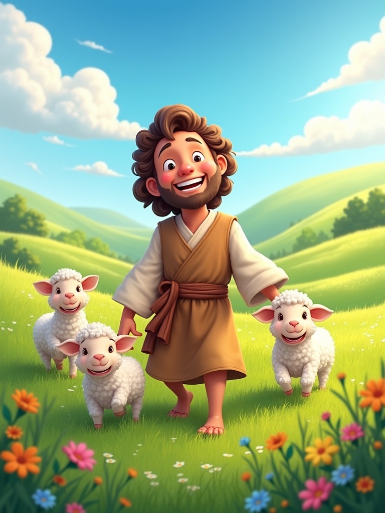 Vibrant scene of a joyful shepherd in a lush green grass field. The shepherd wears traditional rustic clothing and smiles as he walks among playful lambs. The grass is bright and vivid with colorful wildflowers scattered around. Rolling hills are in the background under a clear blue sky filled with fluffy clouds. Sunlight bathes the scene in a warm golden glow enhancing the cheerful and serene atmosphere.