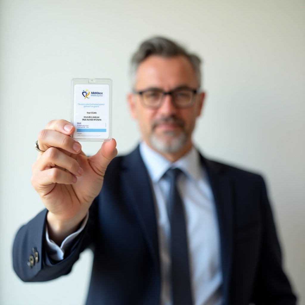 A middle-aged man holds an ID card in his hand. He wears a suit and has a neutral expression. The background is plain and minimalistic.