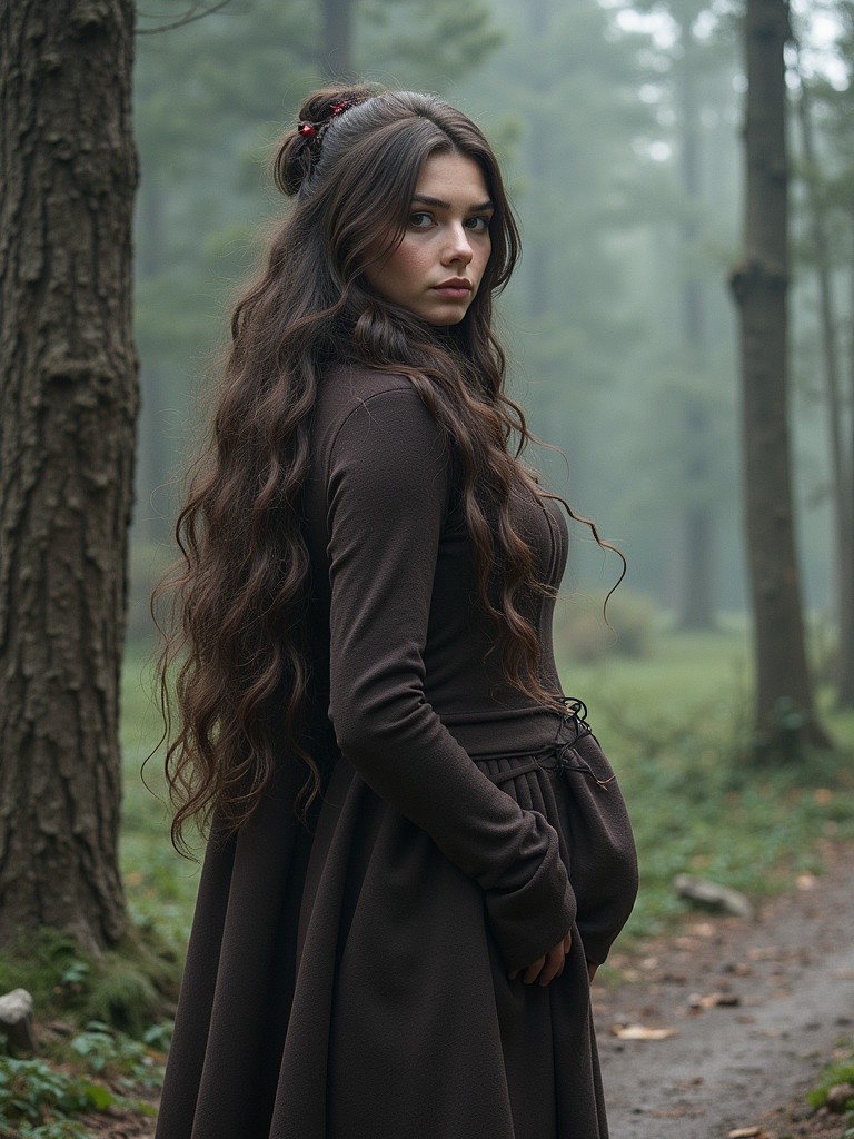 A northern sorceress with long hair holds her hand near her waist. She wears a flowing dark dress and stands among ancient trees in a forest. The mist creates a mysterious atmosphere surrounding her.