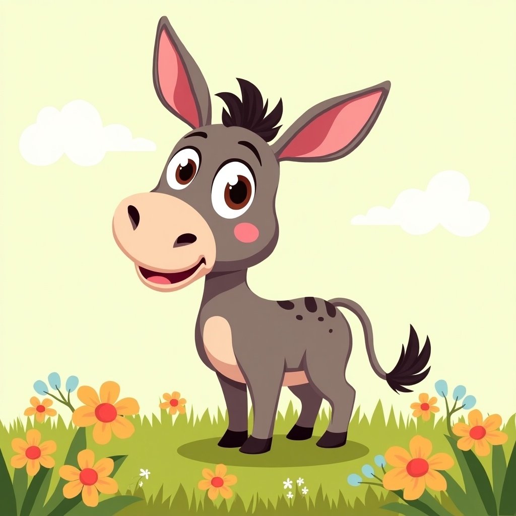 A cheerful donkey stands in a flower-filled field. The donkey has large, bright eyes and a friendly smile. Colorful flowers and soft clouds are in the background.