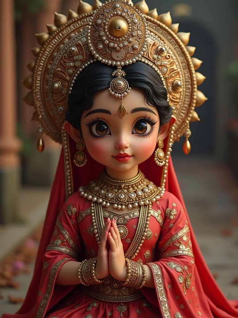 A beautifully crafted statue of Radha. Traditional attire with intricate designs. Ornamented with gold jewelry and gems. Hands positioned in a prayer gesture. Soft lighting creates a serene atmosphere.