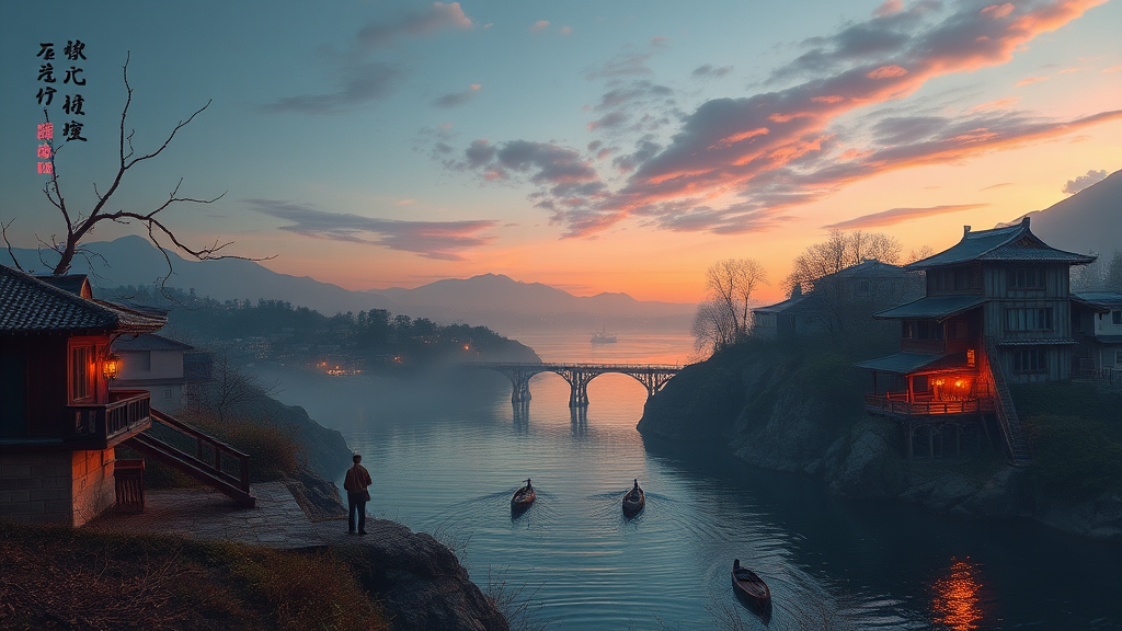 A serene river scene at sunset with small boats, traditional buildings, and a distant bridge in a misty landscape.