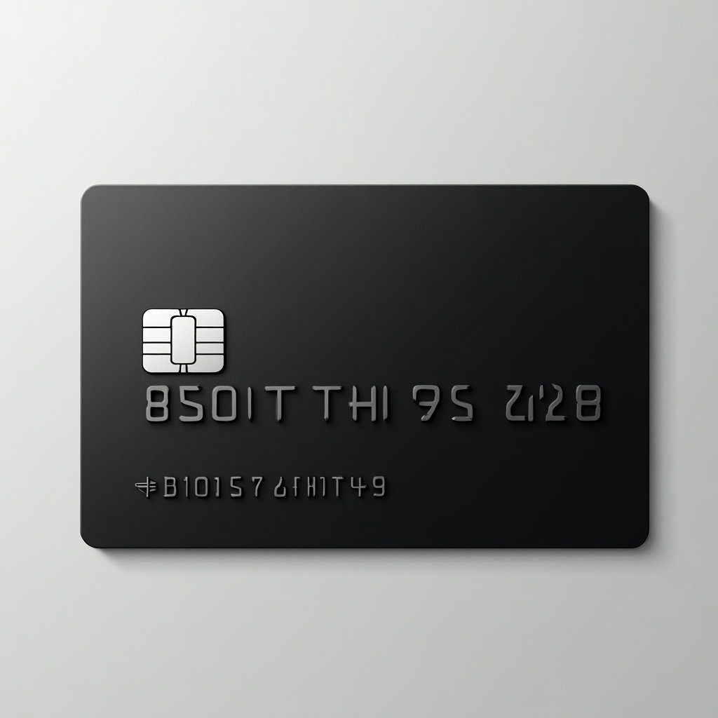 Photo of a sleek black debit card with chip technology. The card features minimal details and embossed numbers. It is shown at an angle, highlighting the design.