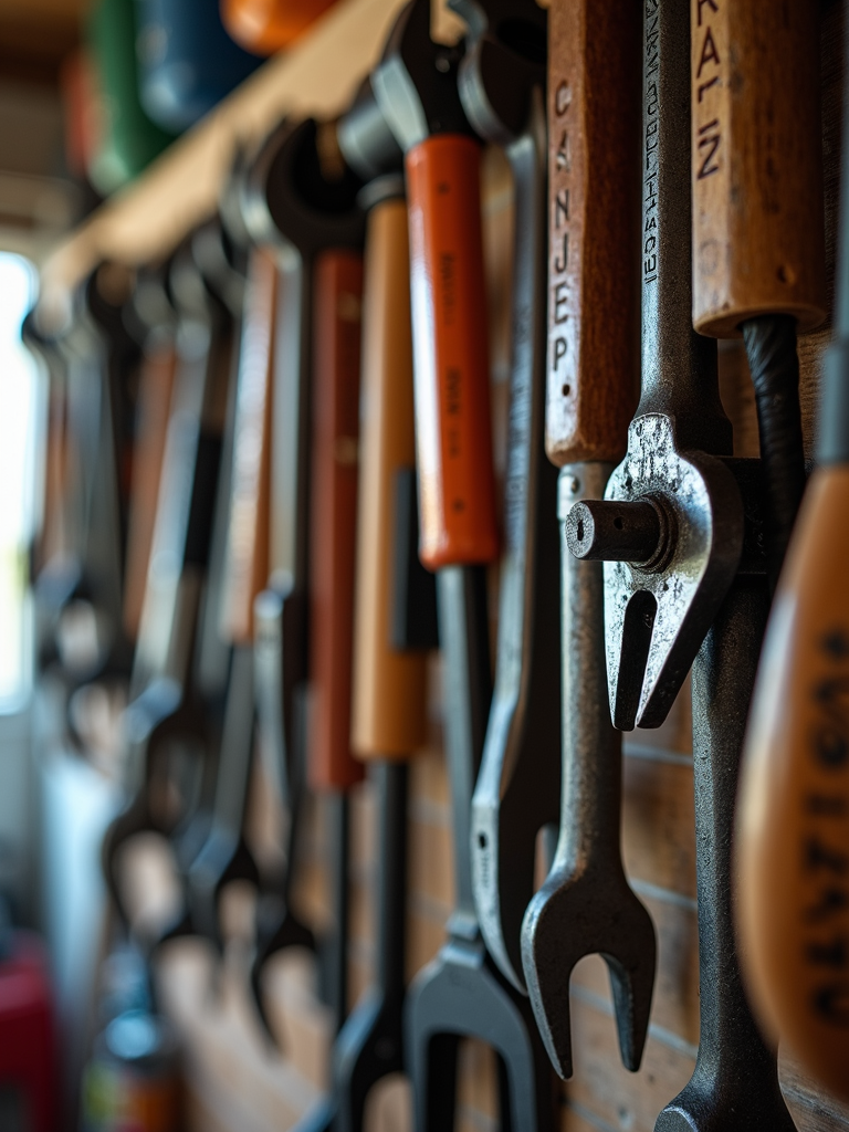 A row of large wrenches with different colored handles is neatly hanging on a wall.