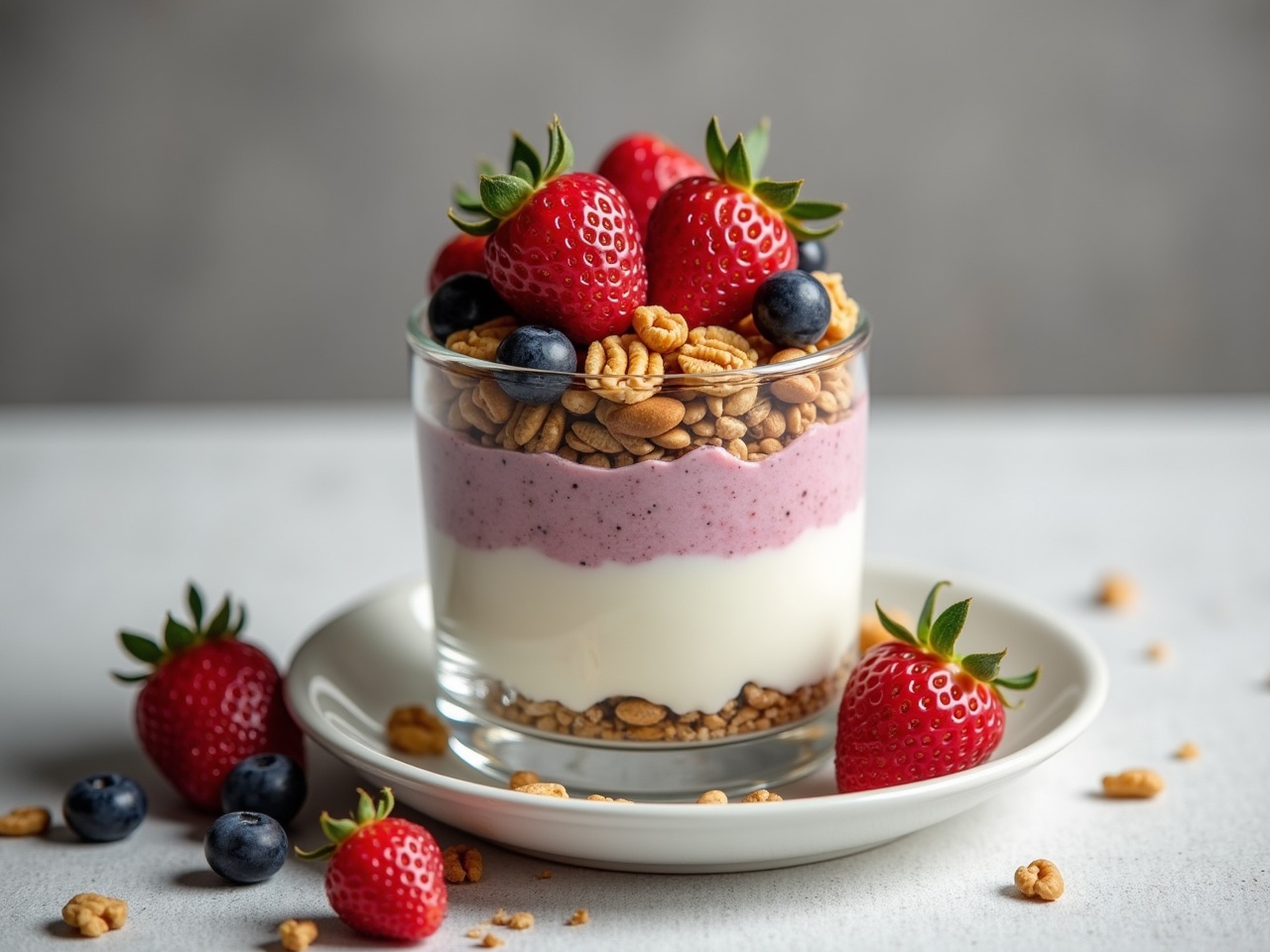 This image showcases a delicious dessert consisting of granola layered with yogurt and mixed berries. The parfait is presented in a transparent glass, allowing the colorful layers to be visible. Topped with fresh strawberries and blueberries, it is garnished with chia seeds and walnuts for added texture. A touch of honey drizzled on top enhances the sweetness. The overall aesthetic is appetizing, inviting viewers to enjoy this healthy treat.