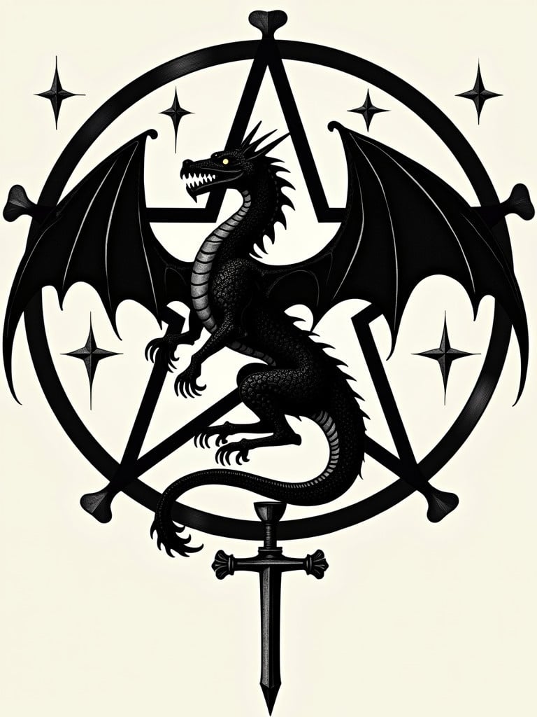 Black dragon depicted in profile. Bat-like wings displayed. Inverted five-pointed star forms background. Circle surrounds the star. A sword and cup included in the design. Stars and inverted cross add detail.