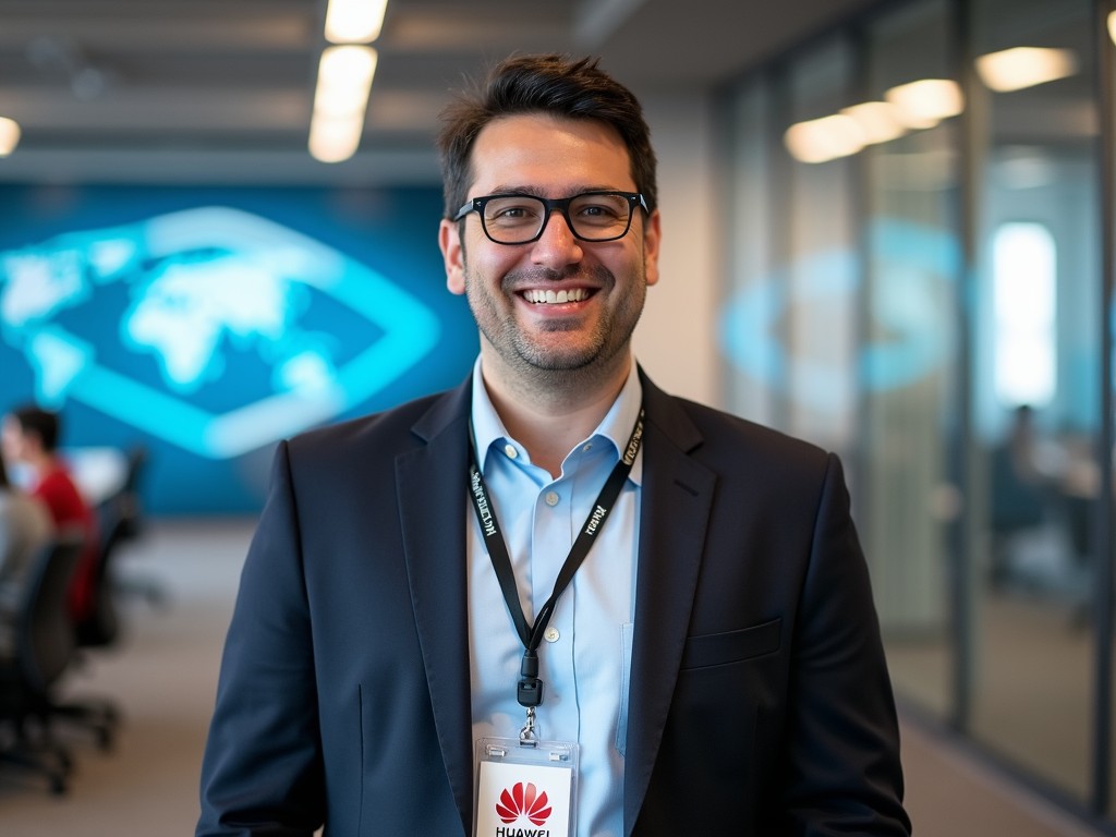 The image depicts a smiling professional man wearing business attire, including a dark blazer, and a lanyard with a company badge. He is standing in a modern office setting with glass walls and a large world map display in the background, suggesting a global business environment.