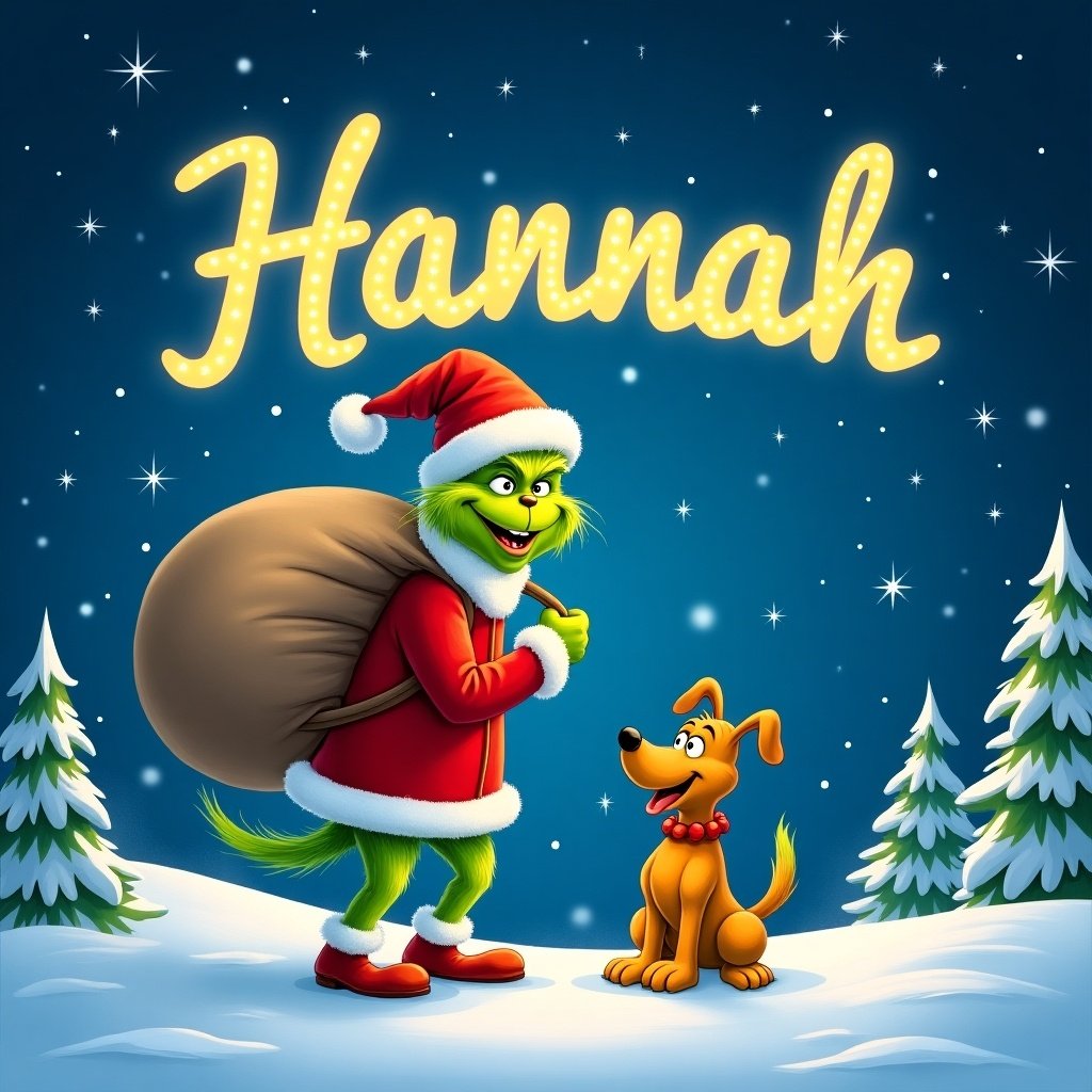 Charming snowy landscape features The Grinch writing Hannah in glowing letters in the night sky. The Grinch is dressed in red with fluffy white trim and carries a large sack. Beside him is a friendly dog, looking joyful. Background with a blue night sky, twinkling stars, and snowflakes with pine trees around them.