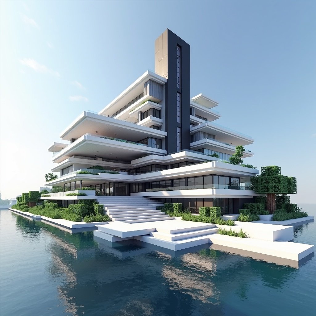 Futuristic architecture resembling Minecraft. Base style using white and black concrete with greenery around.