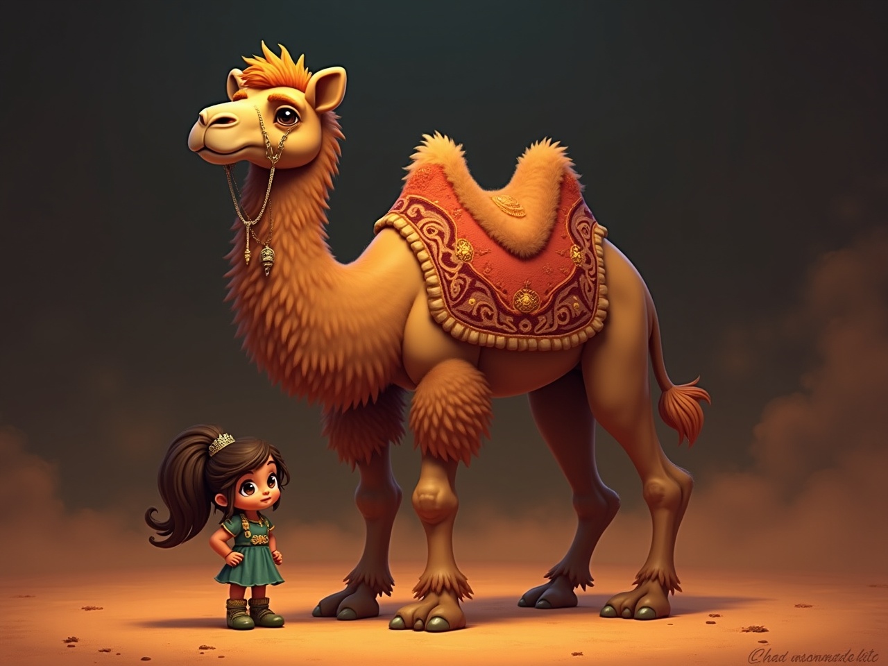 This charming illustration features a young girl standing confidently next to a large, majestic camel adorned with an elaborate, decorated saddle blanket. The girl, with a playful expression, wears a small crown and a teal dress, highlighting her adventurous spirit. The lighting creates a warm, desert ambience, complementing the soft and inviting color palette.