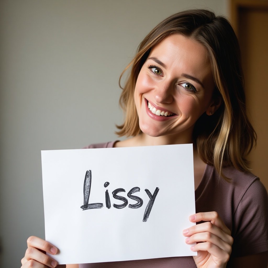 A smiling person holds a piece of paper. The paper has a handwritten name 'Lissy'. The person has a joyful expression. Right arm and hand are fully visible.