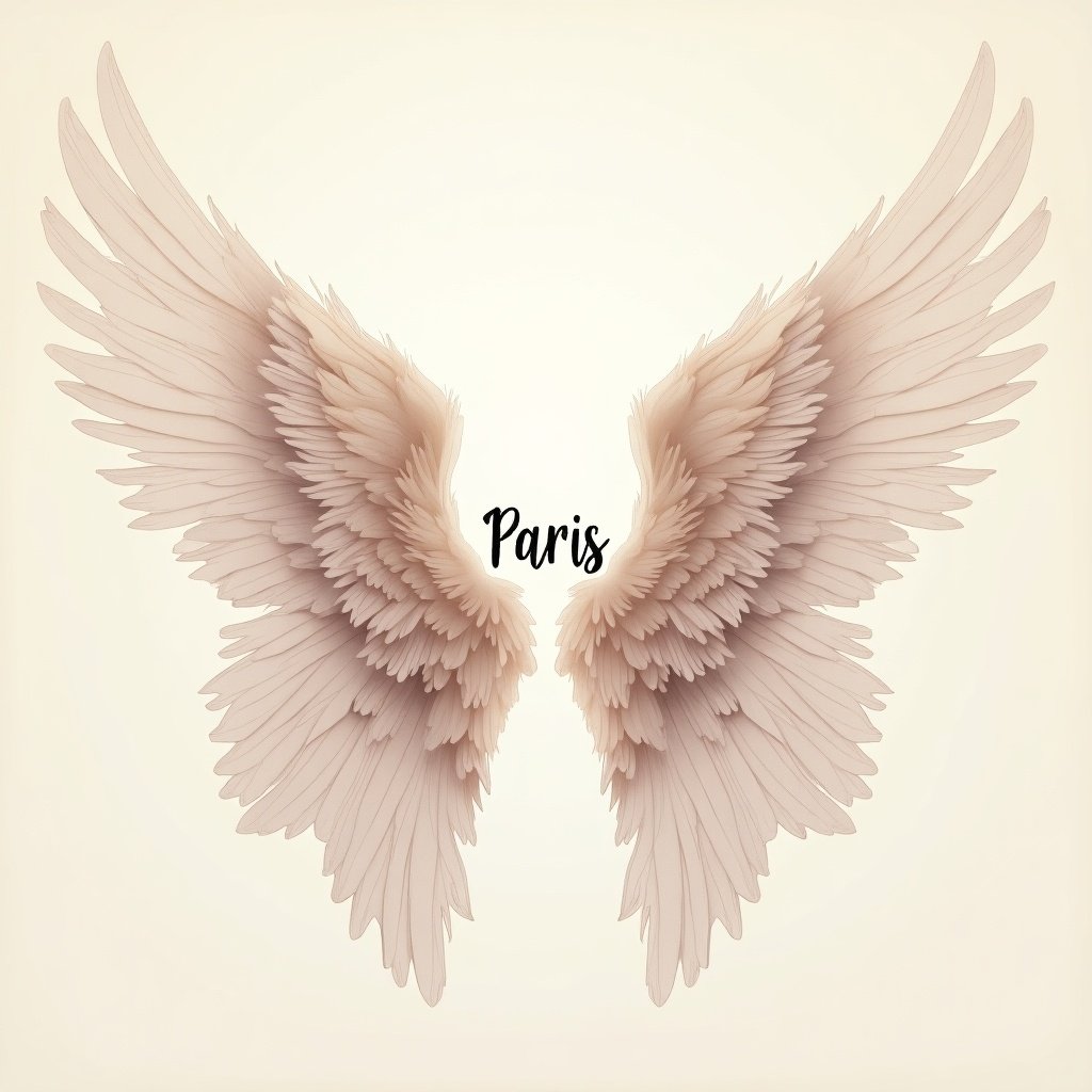 Angel wings illustrated in soft colors with the word Paris at the center. Focus on detailed feathers and smooth textures.