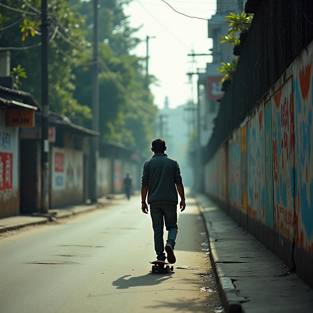 A person skateboards down a quiet urban street, framed by colorful graffiti and lush trees in the morning light.