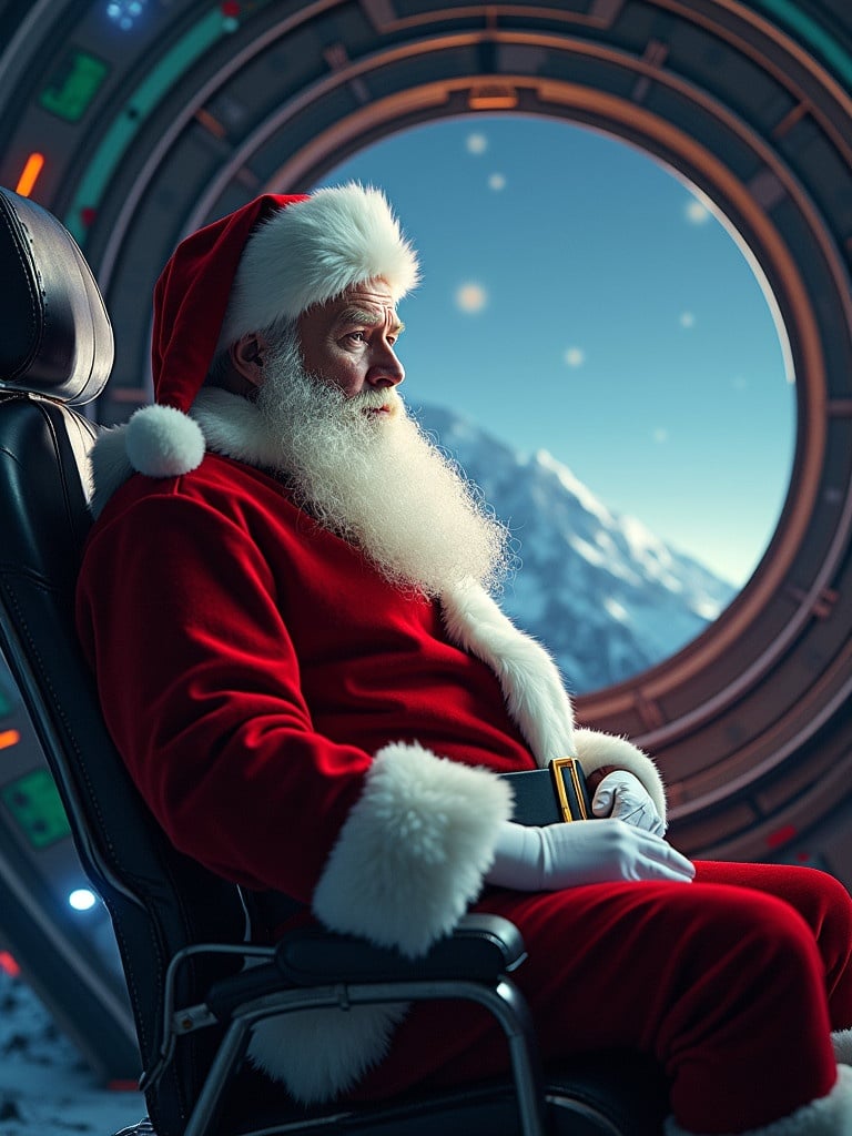 Cinematic image of Santa Claus in a intergalactic futuristic spaceship. Hyperrealistic style. Santa is in a chair with a view of outer space through a huge circular window. Snow-capped mountains can be seen in the background.