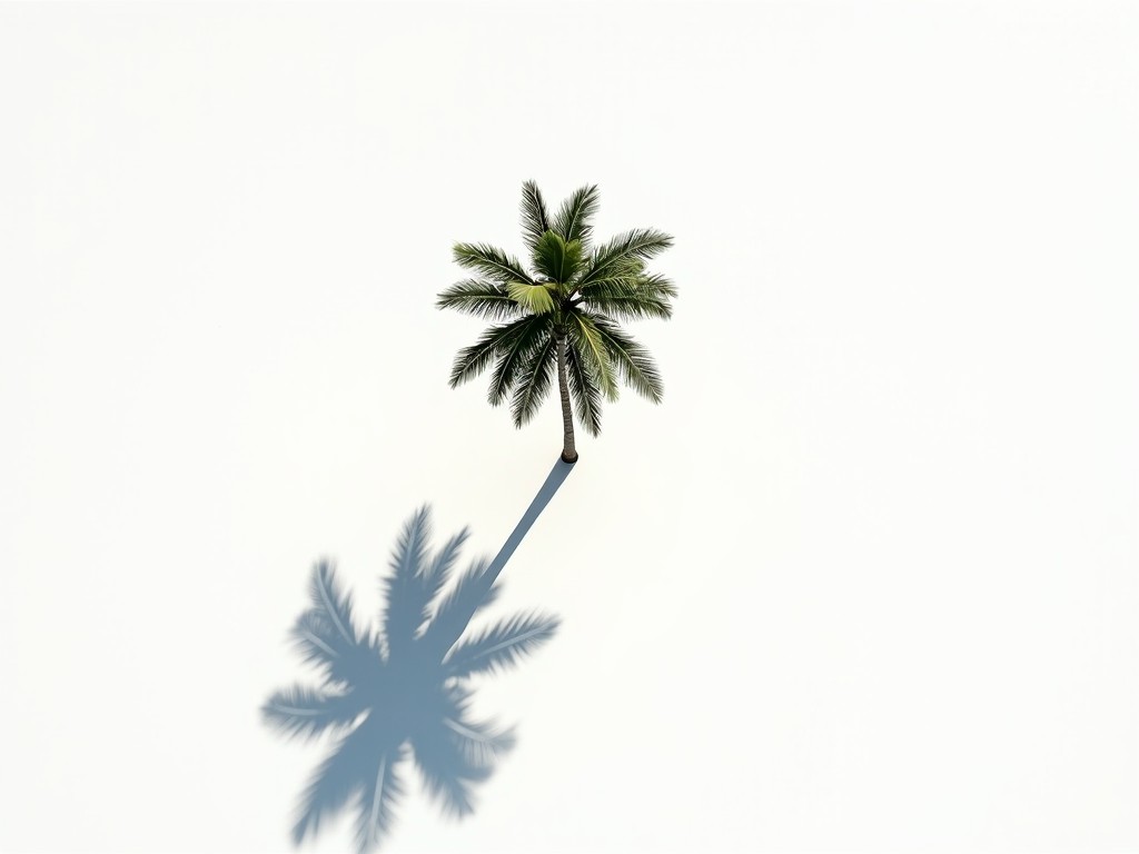 This image presents a striking top-down view of a single palm tree against a minimalist white background. The palm tree stands prominently in the center, showcasing its lush green fronds. Above, a bright light source casts a sharp shadow that stretches long and distinctly from the base of the tree. The shadow contrasts beautifully with the plain white backdrop, drawing attention to the tree's vibrant colors. This composition embodies serenity and simplicity, evoking feelings of tranquility and tropical bliss.