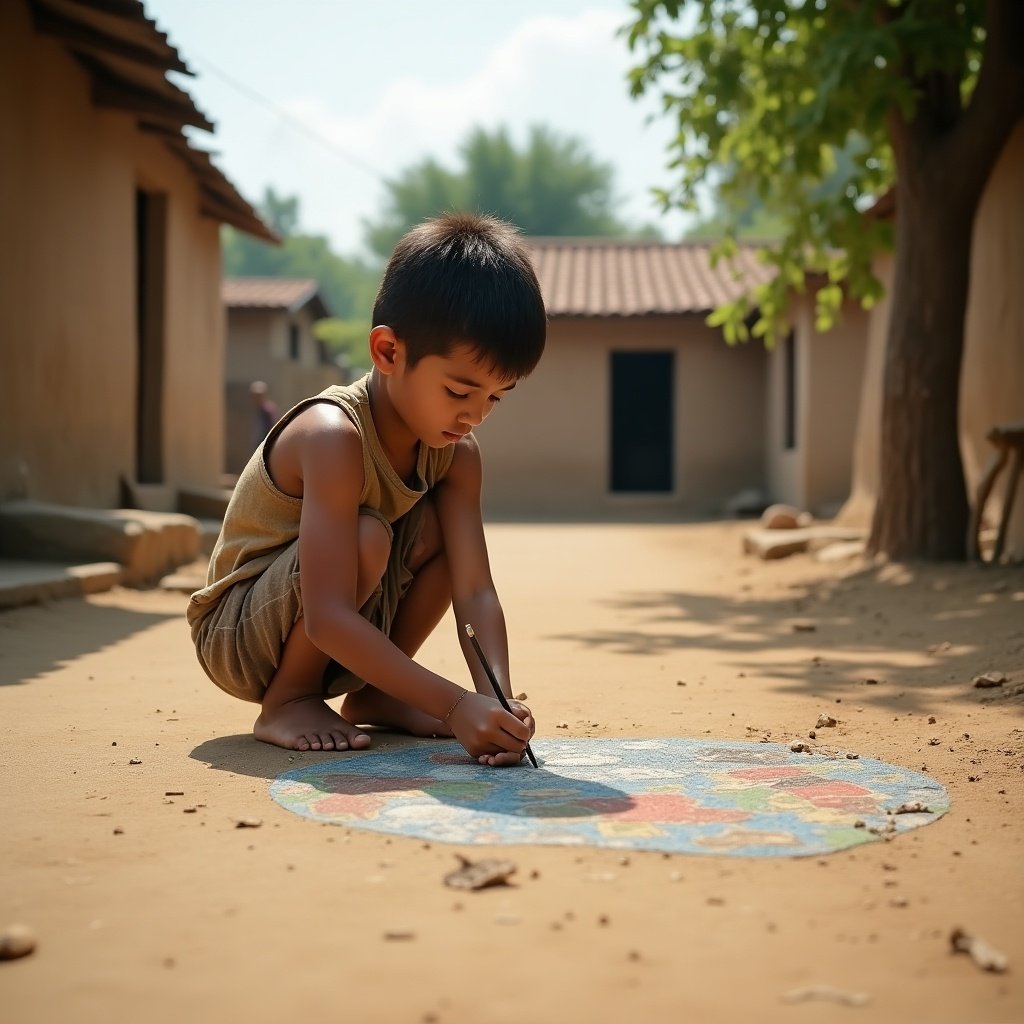 Young boy sketches with a stick on a dirt path in a village. Simple houses and trees are visible in the background. The boy wears ragged but clean clothes. Soft sunlight illuminates the scene. The atmosphere is peaceful and creative.