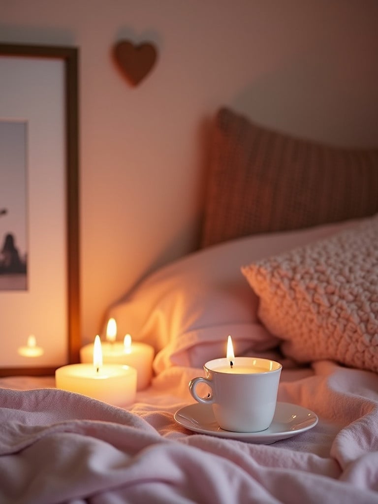 A cozy setup showcases soft pink tones. Warm candlelight creates a tranquil atmosphere. A framed picture holds sentimental value. A white cup with a lit candle adds charm. Soft bedding enhances comfort.