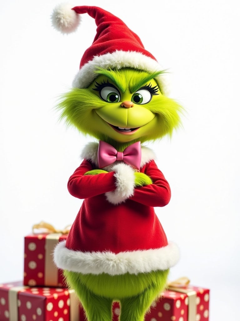 The Grinch dressed in a Santa outfit with a pink bow. The character has green skin and a playful demeanor. Bright white background features wrapped gifts for a festive atmosphere.