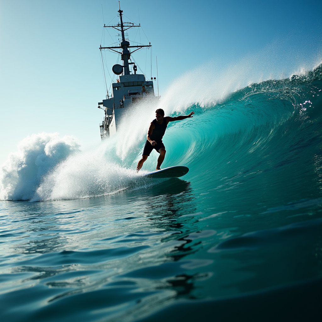 A surfer expertly rides a vibrant turquoise wave, with an imposing naval ship in the background under a clear blue sky.