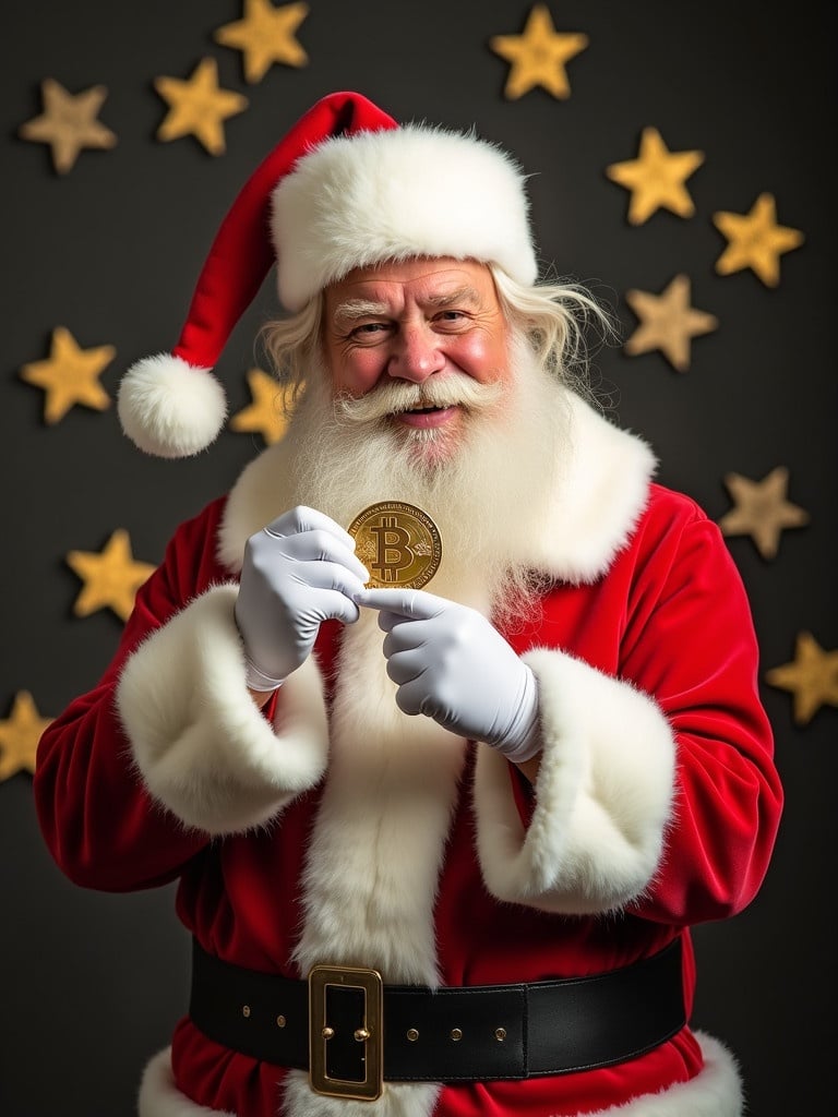 Santa Claus dressed in a red suit holds a Bitcoin in gloved hands. Stars create a festive backdrop. Image captures a holiday spirit mixed with modern digital finance.