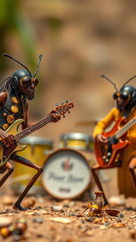 This whimsical image depicts a group of insects playing rock music, with anthropomorphic features such as guitars and drum sets. The scene is set in an earthy, outdoor environment with a blurred background that suggests a bustling natural world. Each insect appears deeply engaged in their musical performance, adding a playful and creative twist to the natural setting.