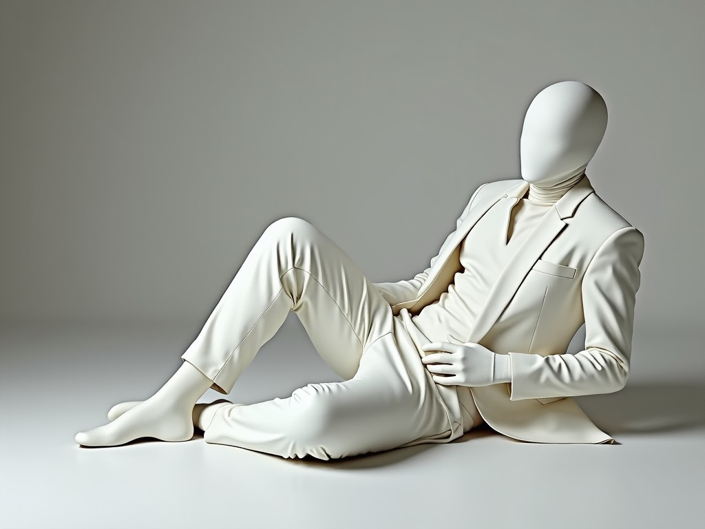 A faceless mannequin wearing a sleek suit, sitting in a minimalist setting, all in shades of white and cream.