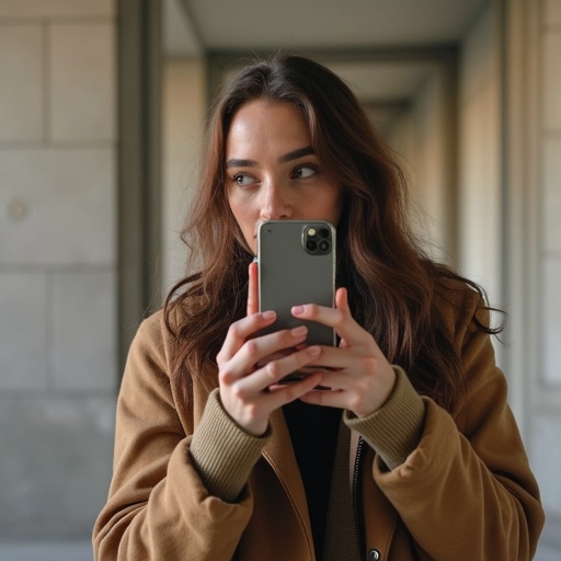 A person takes a selfie with a smartphone. The individual has long wavy hair and is dressed in a stylish outfit. The smartphone is held in both hands. The background features soft architectural lines.