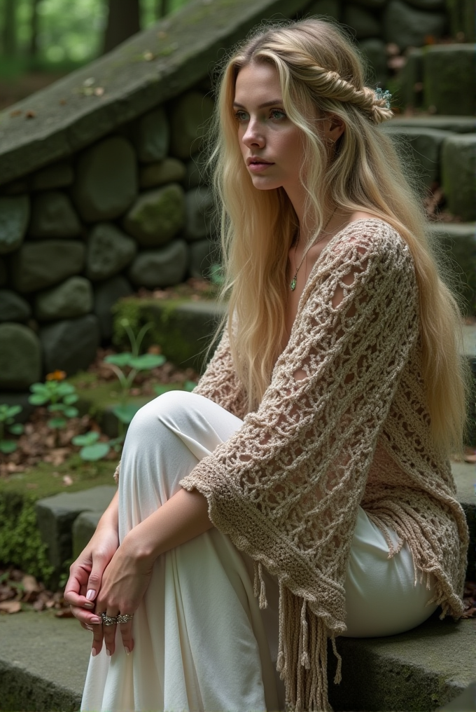 A woman with long hair sits peacefully on stone steps in a forest.