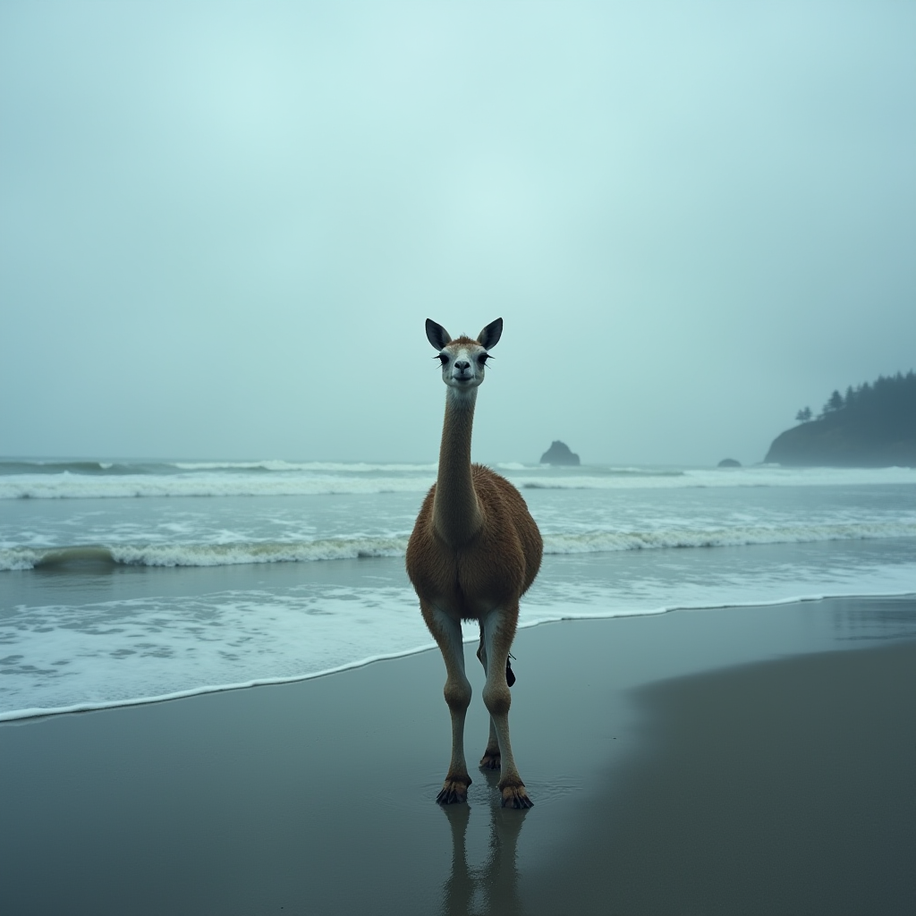 A llama stands on a beach with ocean waves in the background under a cloudy sky.