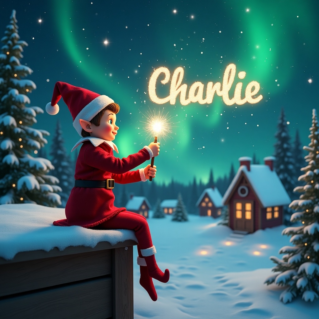 An elf sits on a wooden ledge with its back to the camera. The elf, dressed in a red outfit with a pointed hat, holds a sparkling wand. With the wand, the elf elegantly writes the names 'Charlie' in the starry sky. The background features a snowy landscape with charming little houses and evergreen trees under the shimmering Northern Lights. This whimsical scene captures the essence of childhood magic and Christmas cheer.