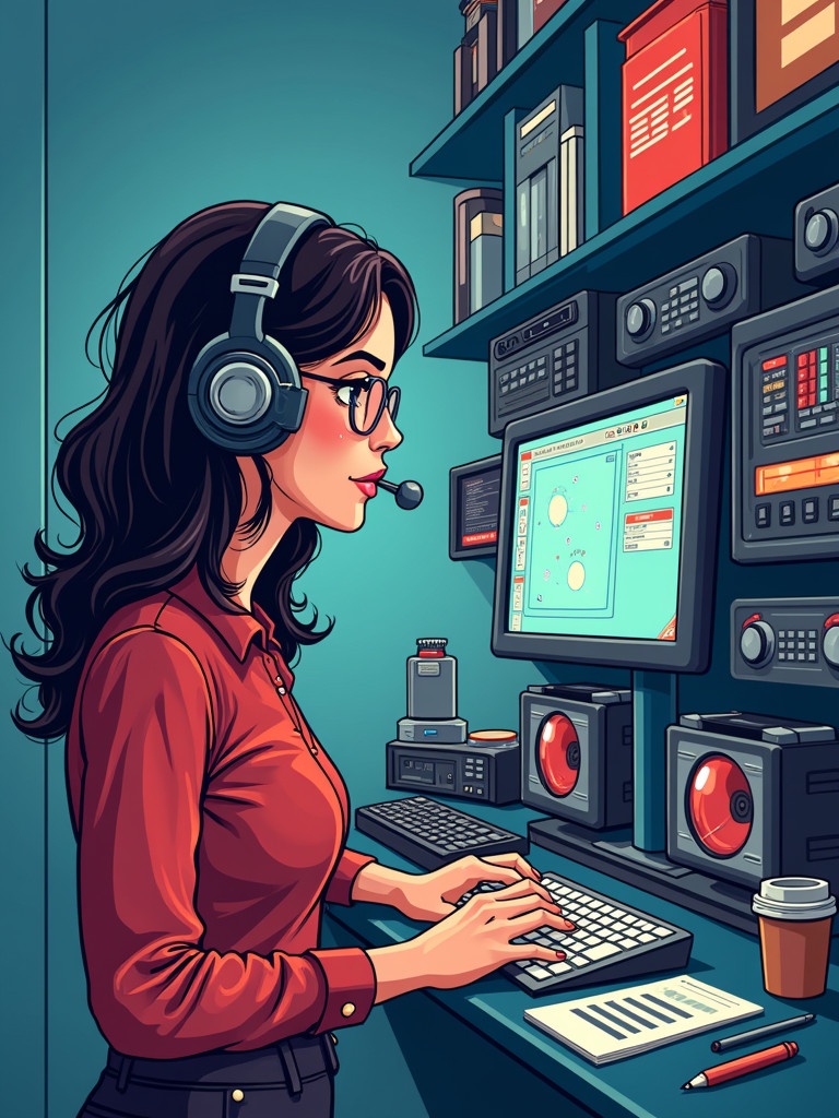 Illustration of a woman engaged in technology. She is operating a computer surrounded by various devices. The setting reflects a modern tech environment. She wears headphones while typing. Colorful shelves with tech gadgets in the background are visible.