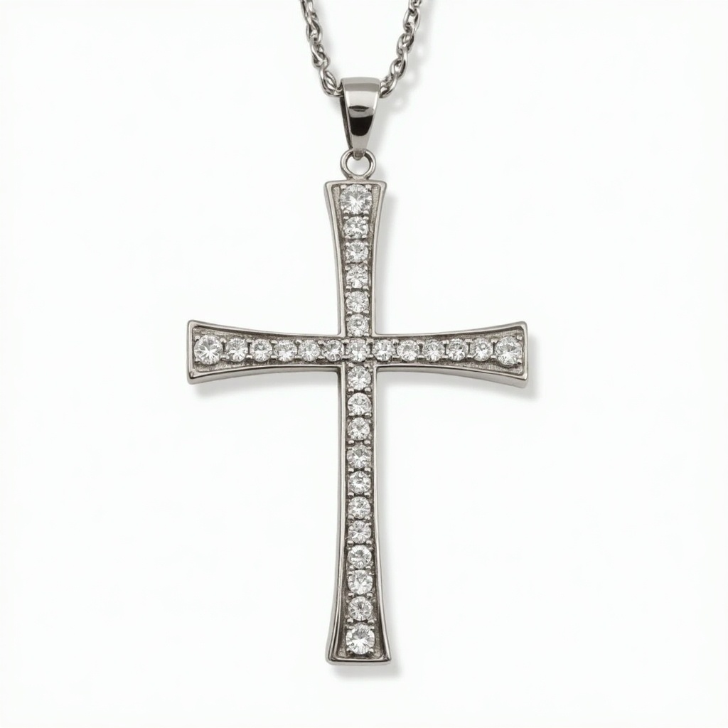 Image shows a cross pendant with shiny stones. The pendant is silver and polished, hanging from a delicate silver chain. Simple background emphasizes the pendant's elegance.