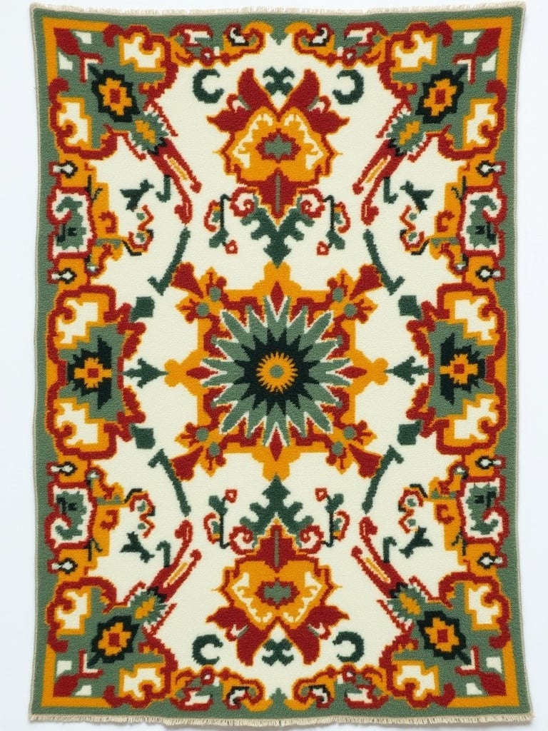 A handmade tufted rug with intricate designs and vibrant colors. Features green, yellow, and red. Set against a white background.